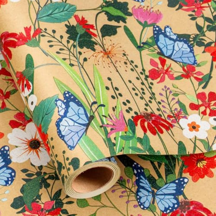 Flower Wrap Kraft - Kraft Flowers Wrapping Paper, Butterflies and
